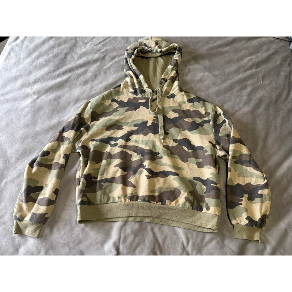 H&M Divided Camo Print Cropped Hoodie Sweatshirt Green Brown Black Large